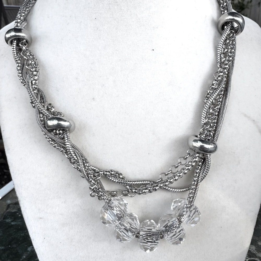 Silver Tone Multi Strand Layered Chain Necklace with Clear Faceted Beads 18-21"